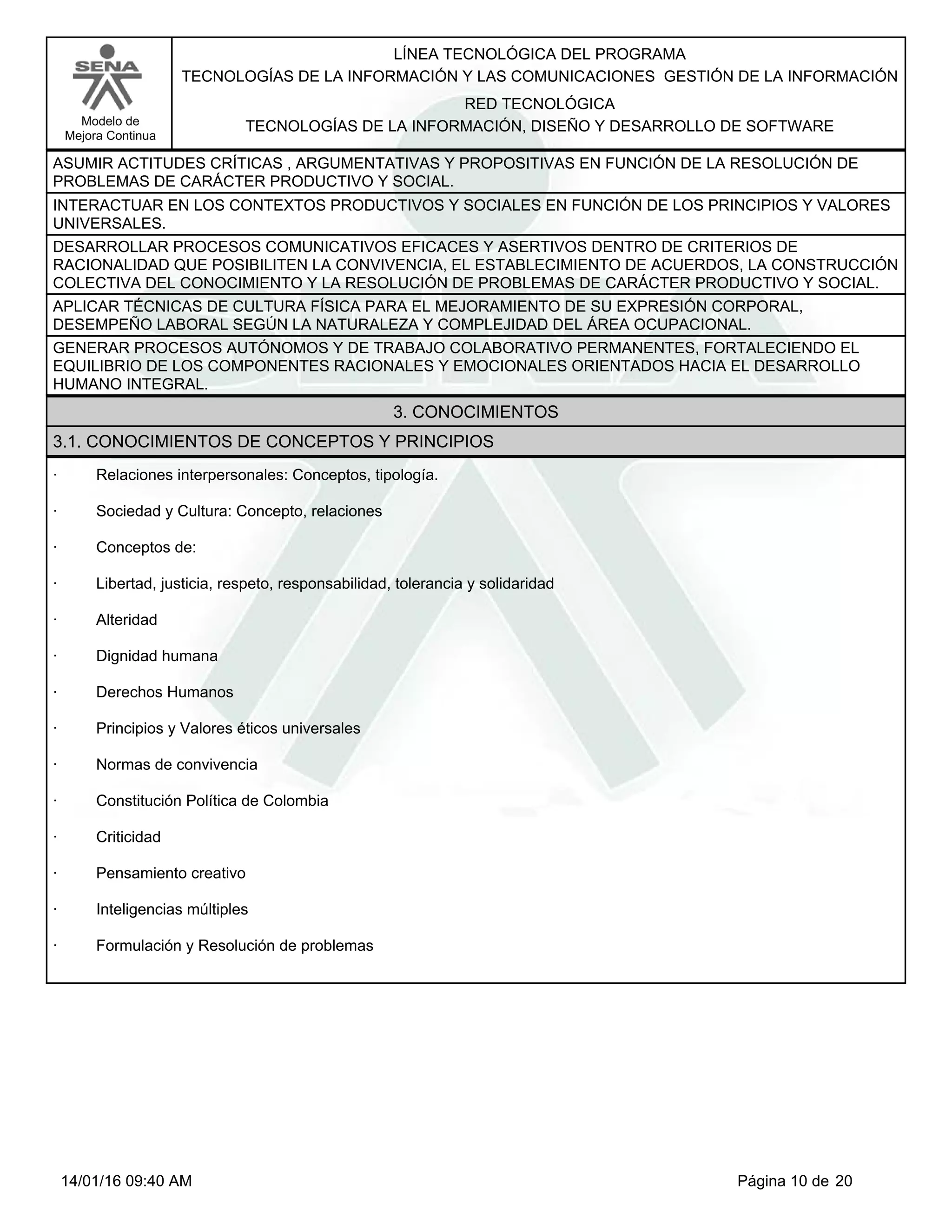 LÍNEA TECNOLÓGICA DEL PROGRAMA
TECNOLOGÍAS DE LA INFORMACIÓN Y LAS COMUNICACIONES GESTIÓN DE LA INFORMACIÓN
Modelo de
Mejora Continua
RED TECNOLÓGICA
TECNOLOGÍAS DE LA INFORMACIÓN, DISEÑO Y DESARROLLO DE SOFTWARE
ASUMIR ACTITUDES CRÍTICAS , ARGUMENTATIVAS Y PROPOSITIVAS EN FUNCIÓN DE LA RESOLUCIÓN DE
PROBLEMAS DE CARÁCTER PRODUCTIVO Y SOCIAL.
INTERACTUAR EN LOS CONTEXTOS PRODUCTIVOS Y SOCIALES EN FUNCIÓN DE LOS PRINCIPIOS Y VALORES
UNIVERSALES.
DESARROLLAR PROCESOS COMUNICATIVOS EFICACES Y ASERTIVOS DENTRO DE CRITERIOS DE
RACIONALIDAD QUE POSIBILITEN LA CONVIVENCIA, EL ESTABLECIMIENTO DE ACUERDOS, LA CONSTRUCCIÓN
COLECTIVA DEL CONOCIMIENTO Y LA RESOLUCIÓN DE PROBLEMAS DE CARÁCTER PRODUCTIVO Y SOCIAL.
APLICAR TÉCNICAS DE CULTURA FÍSICA PARA EL MEJORAMIENTO DE SU EXPRESIÓN CORPORAL,
DESEMPEÑO LABORAL SEGÚN LA NATURALEZA Y COMPLEJIDAD DEL ÁREA OCUPACIONAL.
GENERAR PROCESOS AUTÓNOMOS Y DE TRABAJO COLABORATIVO PERMANENTES, FORTALECIENDO EL
EQUILIBRIO DE LOS COMPONENTES RACIONALES Y EMOCIONALES ORIENTADOS HACIA EL DESARROLLO
HUMANO INTEGRAL.
3. CONOCIMIENTOS
3.1. CONOCIMIENTOS DE CONCEPTOS Y PRINCIPIOS
· Relaciones interpersonales: Conceptos, tipología.
· Sociedad y Cultura: Concepto, relaciones
· Conceptos de:
· Libertad, justicia, respeto, responsabilidad, tolerancia y solidaridad
· Alteridad
· Dignidad humana
· Derechos Humanos
· Principios y Valores éticos universales
· Normas de convivencia
· Constitución Política de Colombia
· Criticidad
· Pensamiento creativo
· Inteligencias múltiples
· Formulación y Resolución de problemas
Página 10 de 2014/01/16 09:40 AM
 