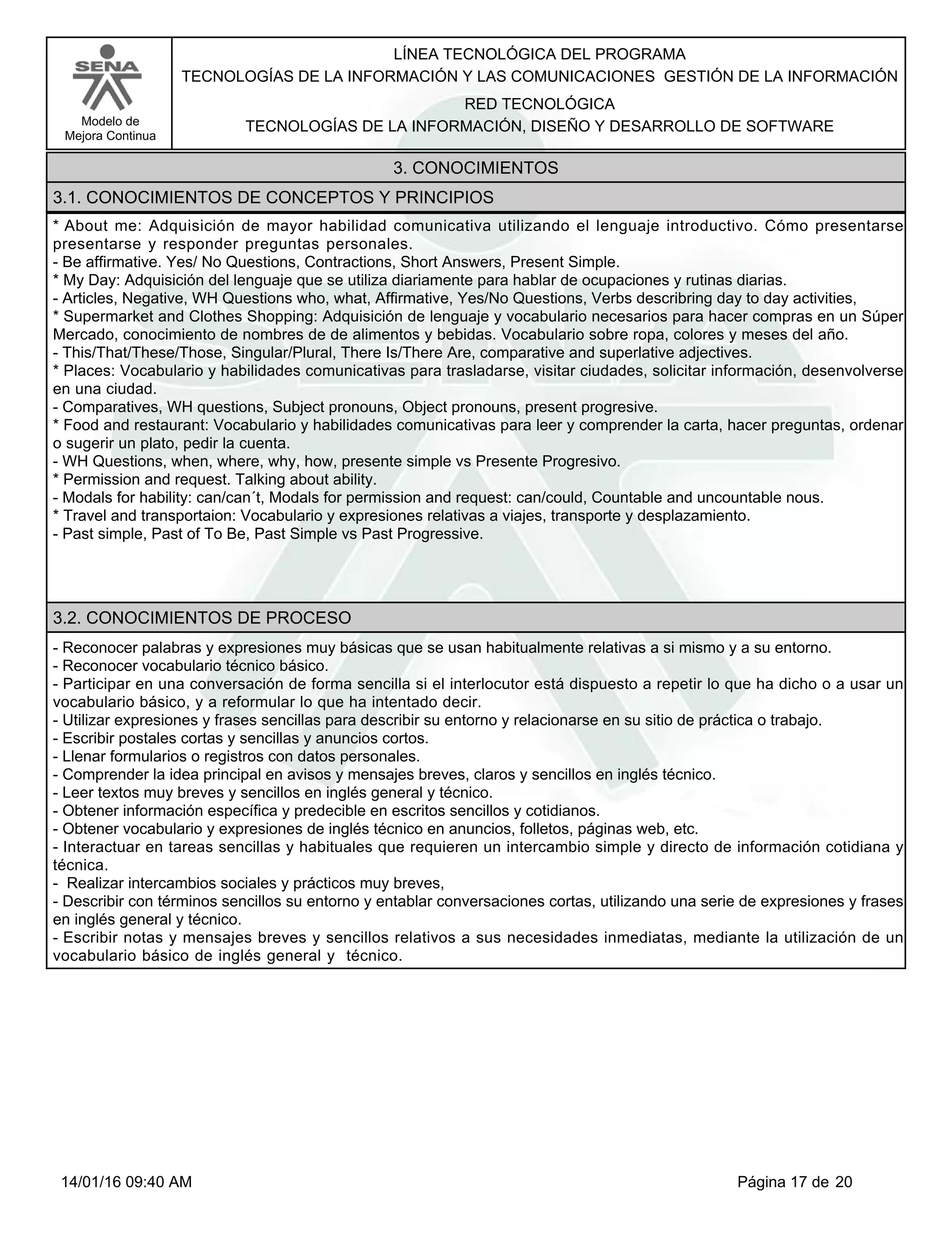 LÍNEA TECNOLÓGICA DEL PROGRAMA
TECNOLOGÍAS DE LA INFORMACIÓN Y LAS COMUNICACIONES GESTIÓN DE LA INFORMACIÓN
Modelo de
Mejora Continua
RED TECNOLÓGICA
TECNOLOGÍAS DE LA INFORMACIÓN, DISEÑO Y DESARROLLO DE SOFTWARE
3. CONOCIMIENTOS
3.1. CONOCIMIENTOS DE CONCEPTOS Y PRINCIPIOS
*About me: Adquisición de mayor habilidad comunicativa utilizando el lenguaje introductivo. Cómo presentarse
presentarse y responder preguntas personales.
-Be affirmative. Yes/ No Questions, Contractions, Short Answers, Present Simple.
*My Day: Adquisición del lenguaje que se utiliza diariamente para hablar de ocupaciones y rutinas diarias.
-Articles, Negative, WH Questions who, what, Affirmative, Yes/No Questions, Verbs describring day to day activities,
*Supermarket and Clothes Shopping: Adquisición de lenguaje y vocabulario necesarios para hacer compras en un Súper
Mercado, conocimiento de nombres de de alimentos y bebidas. Vocabulario sobre ropa, colores y meses del año.
-This/That/These/Those, Singular/Plural, There Is/There Are, comparative and superlative adjectives.
*Places: Vocabulario y habilidades comunicativas para trasladarse, visitar ciudades, solicitar información, desenvolverse
en una ciudad.
-Comparatives, WH questions, Subject pronouns, Object pronouns, present progresive.
*Food and restaurant: Vocabulario y habilidades comunicativas para leer y comprender la carta, hacer preguntas, ordenar
o sugerir un plato, pedir la cuenta.
-WH Questions, when, where, why, how, presente simple vs Presente Progresivo.
*Permission and request. Talking about ability.
-Modals for hability: can/can´t, Modals for permission and request: can/could, Countable and uncountable nous.
*Travel and transportaion: Vocabulario y expresiones relativas a viajes, transporte y desplazamiento.
-Past simple, Past of To Be, Past Simple vs Past Progressive.
3.2. CONOCIMIENTOS DE PROCESO
-Reconocer palabras y expresiones muy básicas que se usan habitualmente relativas a si mismo y a su entorno.
-Reconocer vocabulario técnico básico.
-Participar en una conversación de forma sencilla si el interlocutor está dispuesto a repetir lo que ha dicho o a usar un
vocabulario básico, y a reformular lo que ha intentado decir.
-Utilizar expresiones y frases sencillas para describir su entorno y relacionarse en su sitio de práctica o trabajo.
-Escribir postales cortas y sencillas y anuncios cortos.
-Llenar formularios o registros con datos personales.
-Comprender la idea principal en avisos y mensajes breves, claros y sencillos en inglés técnico.
-Leer textos muy breves y sencillos en inglés general y técnico.
-Obtener información específica y predecible en escritos sencillos y cotidianos.
-Obtener vocabulario y expresiones de inglés técnico en anuncios, folletos, páginas web, etc.
-Interactuar en tareas sencillas y habituales que requieren un intercambio simple y directo de información cotidiana y
técnica.
- Realizar intercambios sociales y prácticos muy breves,
-Describir con términos sencillos su entorno y entablar conversaciones cortas, utilizando una serie de expresiones y frases
en inglés general y técnico.
-Escribir notas y mensajes breves y sencillos relativos a sus necesidades inmediatas, mediante la utilización de un
vocabulario básico de inglés general y técnico.
Página 17 de 2014/01/16 09:40 AM
 