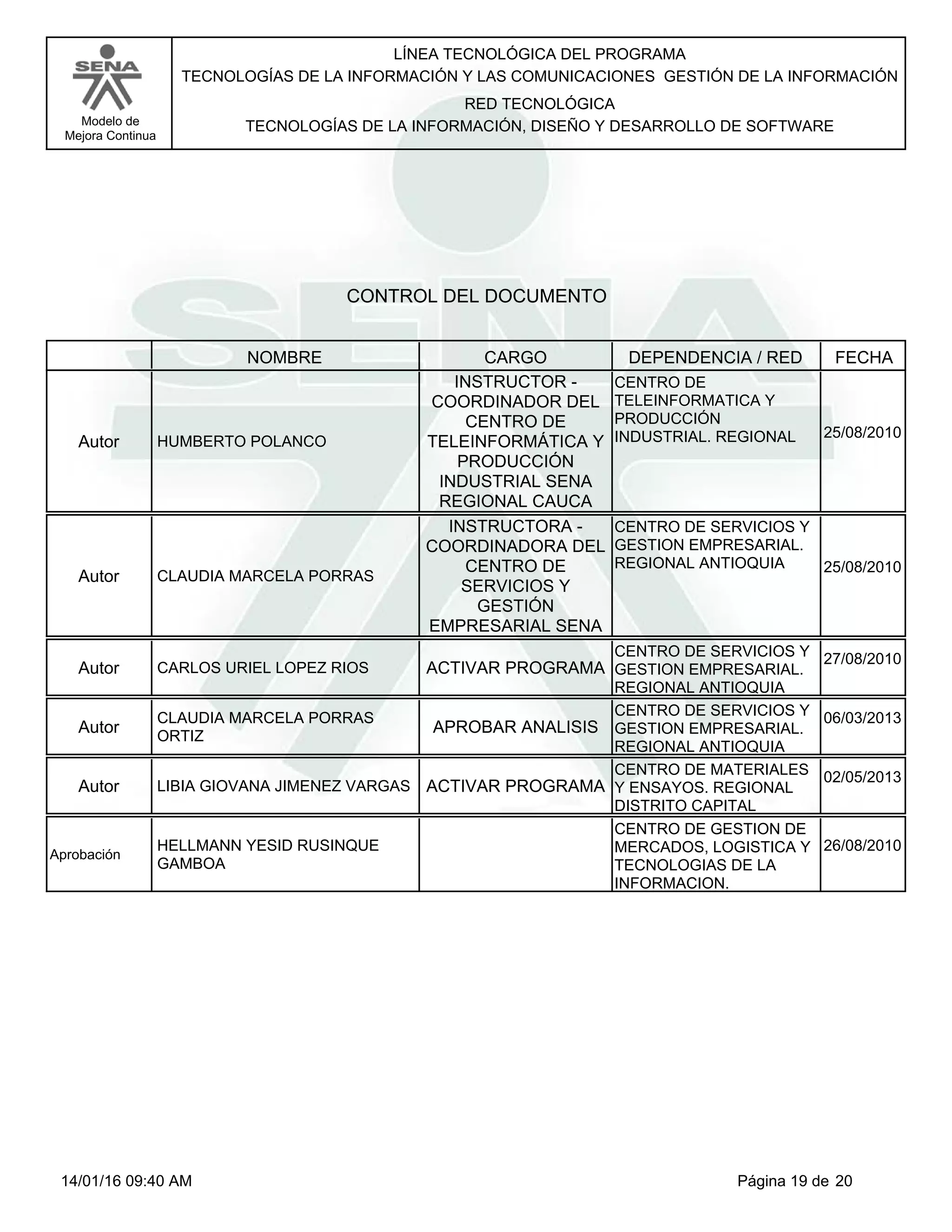 LÍNEA TECNOLÓGICA DEL PROGRAMA
TECNOLOGÍAS DE LA INFORMACIÓN Y LAS COMUNICACIONES GESTIÓN DE LA INFORMACIÓN
Modelo de
Mejora Continua
RED TECNOLÓGICA
TECNOLOGÍAS DE LA INFORMACIÓN, DISEÑO Y DESARROLLO DE SOFTWARE
CONTROL DEL DOCUMENTO
CARGONOMBRE DEPENDENCIA / RED FECHA
HUMBERTO POLANCO
INSTRUCTOR -
COORDINADOR DEL
CENTRO DE
TELEINFORMÁTICA Y
PRODUCCIÓN
INDUSTRIAL SENA
REGIONAL CAUCA
Autor
CENTRO DE
TELEINFORMATICA Y
PRODUCCIÓN
INDUSTRIAL. REGIONAL 25/08/2010
CLAUDIA MARCELA PORRAS
INSTRUCTORA -
COORDINADORA DEL
CENTRO DE
SERVICIOS Y
GESTIÓN
EMPRESARIAL SENA
Autor
CENTRO DE SERVICIOS Y
GESTION EMPRESARIAL.
REGIONAL ANTIOQUIA 25/08/2010
CARLOS URIEL LOPEZ RIOS ACTIVAR PROGRAMAAutor
CENTRO DE SERVICIOS Y
GESTION EMPRESARIAL.
REGIONAL ANTIOQUIA
27/08/2010
CLAUDIA MARCELA PORRAS
ORTIZ
APROBAR ANALISISAutor
CENTRO DE SERVICIOS Y
GESTION EMPRESARIAL.
REGIONAL ANTIOQUIA
06/03/2013
LIBIA GIOVANA JIMENEZ VARGAS ACTIVAR PROGRAMAAutor
CENTRO DE MATERIALES
Y ENSAYOS. REGIONAL
DISTRITO CAPITAL
02/05/2013
HELLMANN YESID RUSINQUE
GAMBOA
Aprobación
CENTRO DE GESTION DE
MERCADOS, LOGISTICA Y
TECNOLOGIAS DE LA
INFORMACION.
26/08/2010
Página 19 de 2014/01/16 09:40 AM
 
