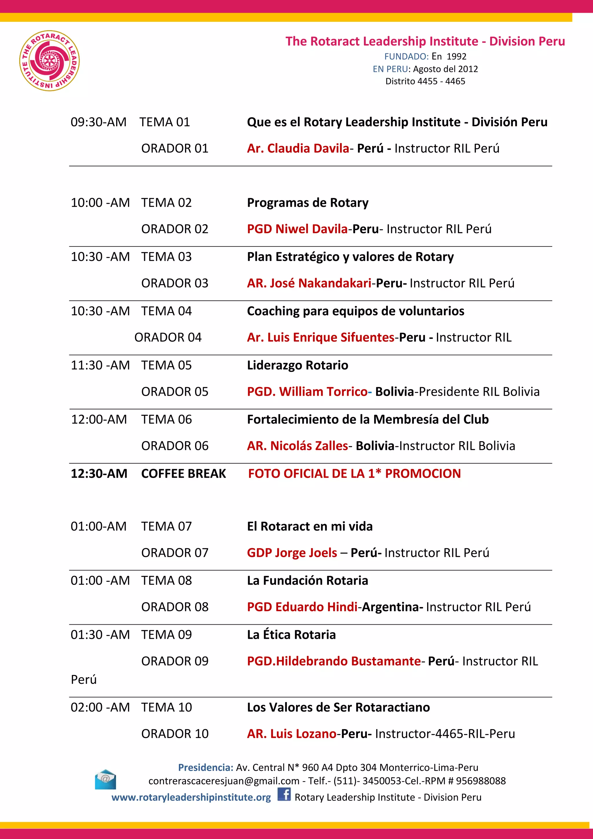 Presidencia: Av. Central N* 960 A4 Dpto 304 Monterrico-Lima-Peru
contrerascaceresjuan@gmail.com - Telf.- (511)- 3450053-Cel.-RPM # 956988088
www.rotaryleadershipinstitute.org Rotary Leadership Institute - Division Peru
The Rotaract Leadership Institute - Division Peru
FUNDADO: En 1992
EN PERU: Agosto del 2012
Distrito 4455 - 4465
09:30-AM TEMA 01 Que es el Rotary Leadership Institute - División Peru
ORADOR 01 Ar. Claudia Davila- Perú - Instructor RIL Perú
10:00 -AM TEMA 02 Programas de Rotary
ORADOR 02 PGD Niwel Davila-Peru- Instructor RIL Perú
10:30 -AM TEMA 03 Plan Estratégico y valores de Rotary
ORADOR 03 AR. José Nakandakari-Peru- Instructor RIL Perú
10:30 -AM TEMA 04 Coaching para equipos de voluntarios
ORADOR 04 Ar. Luis Enrique Sifuentes-Peru - Instructor RIL
11:30 -AM TEMA 05 Liderazgo Rotario
ORADOR 05 PGD. William Torrico- Bolivia-Presidente RIL Bolivia
12:00-AM TEMA 06 Fortalecimiento de la Membresía del Club
ORADOR 06 AR. Nicolás Zalles- Bolivia-Instructor RIL Bolivia
12:30-AM COFFEE BREAK FOTO OFICIAL DE LA 1* PROMOCION
01:00-AM TEMA 07 El Rotaract en mi vida
ORADOR 07 GDP Jorge Joels – Perú- Instructor RIL Perú
01:00 -AM TEMA 08 La Fundación Rotaria
ORADOR 08 PGD Eduardo Hindi-Argentina- Instructor RIL Perú
01:30 -AM TEMA 09 La Ética Rotaria
ORADOR 09 PGD.Hildebrando Bustamante- Perú- Instructor RIL
Perú
02:00 -AM TEMA 10 Los Valores de Ser Rotaractiano
ORADOR 10 AR. Luis Lozano-Peru- Instructor-4465-RIL-Peru
 