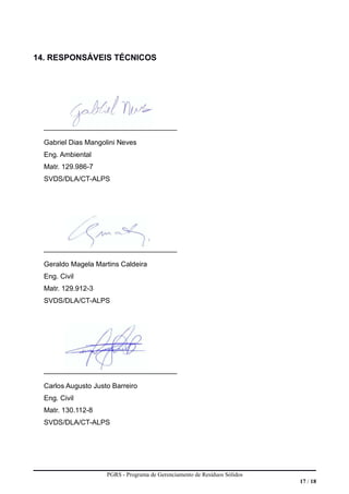 14. RESPONSÁVEIS TÉCNICOS
__________________________________
Gabriel Dias Mangolini Neves
Eng. Ambiental
Matr. 129.986-7
SVDS/DLA/CT-ALPS
__________________________________
Geraldo Magela Martins Caldeira
Eng. Civil
Matr. 129.912-3
SVDS/DLA/CT-ALPS
__________________________________
Carlos Augusto Justo Barreiro
Eng. Civil
Matr. 130.112-8
SVDS/DLA/CT-ALPS
PGRS - Programa de Gerenciamento de Resíduos Sólidos
17 / 18
 