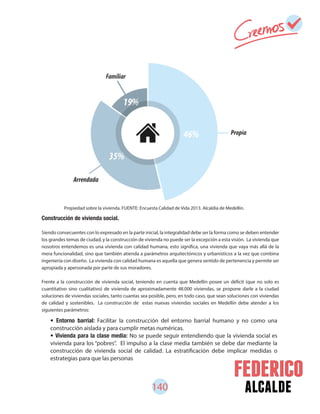 140 alcalde
• Entorno barrial: Facilitar la construcción del entorno barrial humano y no como una
construcción aislada y para cumplir metas numéricas.
• Vivienda para la clase media: No se puede seguir entendiendo que la vivienda social es
vivienda para los “pobres”. El impulso a la clase media también se debe dar mediante la
construcción de vivienda social de calidad. La estratificación debe implicar medidas o
estrategias para que las personas
Construcción de vivienda social.
Siendo consecuentes con lo expresado en la parte inicial, la integralidad debe ser la forma como se deben entender
los grandes temas de ciudad, y la construcción de vivienda no puede ser la excepción a esta visión. La vivienda que
nosotros entendemos es una vivienda con calidad humana, esto significa, una vivienda que vaya más allá de la
mera funcionalidad, sino que también atienda a parámetros arquitectónicos y urbanísticos a la vez que combina
ingeniería con diseño. La vivienda con calidad humana es aquella que genera sentido de pertenencia y permite ser
apropiada y apersonada por parte de sus moradores.
Frente a la construcción de vivienda social, teniendo en cuenta que Medellín posee un déficit (que no solo es
cuantitativo sino cualitativo) de vivienda de aproximadamente 48.000 viviendas, se propone darle a la ciudad
soluciones de viviendas sociales, tanto cuantas sea posible, pero, en todo caso, que sean soluciones con viviendas
de calidad y sostenibles. La construcción de estas nuevas viviendas sociales en Medellín debe atender a los
siguientes parámetros:
Propiedad sobre la vivienda. FUENTE: Encuesta Calidad de Vida 2013. Alcaldía de Medellín.
 