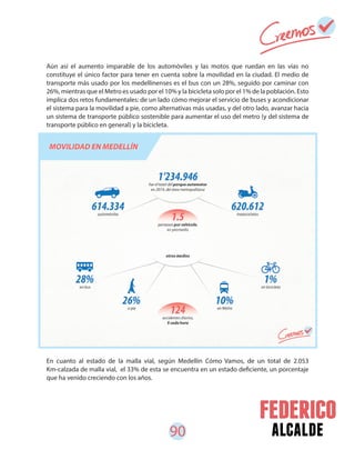 90 alcalde
Aún así el aumento imparable de los automóviles y las motos que ruedan en las vías no
constituye el único factor para tener en cuenta sobre la movilidad en la ciudad. El medio de
transporte más usado por los medellinenses es el bus con un 28%, seguido por caminar con
26%, mientras que el Metro es usado por el 10% y la bicicleta solo por el 1% de la población. Esto
implica dos retos fundamentales: de un lado cómo mejorar el servicio de buses y acondicionar
el sistema para la movilidad a pie, como alternativas más usadas, y del otro lado, avanzar hacia
un sistema de transporte público sostenible para aumentar el uso del metro (y del sistema de
transporte público en general) y la bicicleta.
En cuanto al estado de la malla vial, según Medellín Cómo Vamos, de un total de 2.053
Km-calzada de malla vial, el 33% de esta se encuentra en un estado deficiente, un porcentaje
que ha venido creciendo con los años.
 