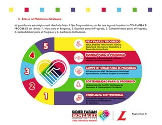 Página 26 de 41
5. Esta es mi Plataforma Estratégica
Mi plataforma estratégica está diseñada bajo 5 Ejes Programáticos, con los que lograré impulsar la CONFIANZA &
PROGRESO de Lérida: 1. Vida para el Progreso, 2. Equidad para el Progreso, 3. Competitividad para el Progreso,
4. Sostenibilidad para el Progreso y 5. Confianza Institucional.
 