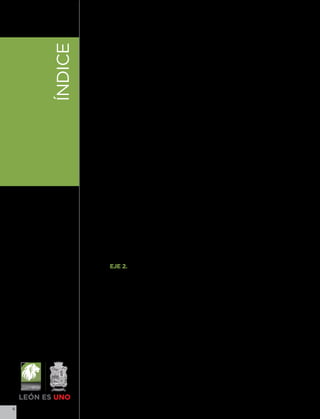 1.4      Educación y cultura




    ÍNDICE
             1.4.1    Escuelas Vanguardia

             1.4.3    Cruzada municipal por la alfabetización
             1.4.4    Becas y útiles escolares
             1.4.5    Consejo Municipal de Participación Social en la Educación (COMPSE)
             1.4.6    Programa gestión de obra educativa
             1.4.7    Biblioteca virtual
             1.4.8    Rutas culturales
             1.4.9    Festivales culturales
             1.4.10   León ciudad educadora
             1.4.11   Red municipal de bibliotecas públicas
             1.4.12   Campo verde y educado
             1.4.13   EXPLORA vinculado
             1.4.14   Ciencia y tecnología en zonas marginadas

             1.5      Inclusión a la salud
             1.5.1    Hospital en Las Joyas
             1.5.2    Programa de prevención, detección y atención a cáncer
             1.5.3    Programa de prevención de trastornos alimentarios
             1.5.4    Prevención y detección de enfermedades crónico-degenerativas
             1.5.5    Prevención de conductas de riesgo en los jóvenes
             1.5.6    Jornadas de salud visual
             1.5.7    Llega seguro
             1.5.8    Atención odontológica a grupos vulnerables
             1.5.9    Prevención de adicciones
             1.5.10   Consultorios móviles

             1.6      Activación física
             1.6.1    Promoción de espacios deportivos

             1.6.3 Sistema de competencias deportivas
             1.6.4 Parques de la salud


             EJE 2. “ECONOMÍA DIVERSIFICADA
                    Y GENERADORA DE EMPLEOS”

             2.1      Competitividad y mejora regulatoria
             2.1.1    León Digital
             2.1.2    Competitividad de la industria cuero-calzado
             2.1.3    Alianza por la innovación
             2.1.4    Centro regional de especialidad médica
             2.1.5    Ventanilla virtual en pro de la mejora regulatoria
             2.1.6    Centro de Atención Empresarial (CAE).
             2.1.7    Agenda integral de competitividad.

             2.2      Atracción de inversiones.
             2.2.1    Zonas industriales
             2.2.2    Polígonos industriales
             2.2.3    Impulso a empresas innovadoras

             2.3      Comercio y mercados.
             2.3.1    Programa de mercado digno
             2.3.2    Mercado en Las Joyas
             2.4      Atención y fomento a las MIPyMES

6
 
