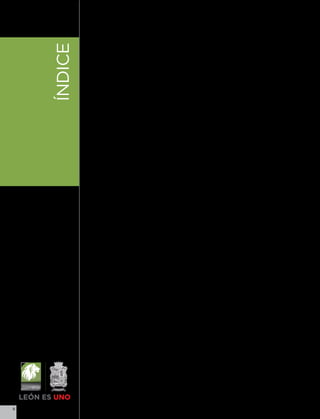 4.1.5 Alcantarillado pluvial y recuperación del drenaje natural




    ÍNDICE
             4.1.6 Saneamiento de aguas residuales urbanas y rurales
             4.1.7 Siembra de agua

             4.1.9 Parques lineales

             4.2     Cultura Ambiental
             4.2.1   Compostaje en zona rural
             4.2.2   Educación y capacitación ambiental
             4.2.3   Bandera Ecológica
             4.2.4   Guarda parque voluntario
             4.2.5   Participación ciudadana corresponsable
             4.2.6   Semana “León, Municipio Sustentable”
             4.2.7   Museos verdes
             4.2.8   Línea Verde: Denuncia ciudadana en materia ambiental

             4.3 Prevención y control de la contaminación
             4.3.1 Gestión integral de residuos sólidos urbanos

             4.3.3 Mejoramiento de la calidad del aire
             4.3.4 Programa de atención para la industria ladrillera

             4.3.6 Inspección y vigilancia a fuentes de contaminación

             4.4    Protección a los recursos naturales
             4.4.1  Primera Área Natural Protegida Municipal
             4.4.2  Estudio del área natural protegida Sierra de Lobos
             4.4.3  Adopción de espacios verdes
             4.4.4  Forestación urbana
             4.4.5  Reforestación en zonas de recarga
             4.4.6  Plan de manejo sustentable y mejora de la calidad de vida
                    de los habitantes de microcuencas
             4.4.7 Mejoramiento de parques urbanos
             4.4.8 Parques metropolitanos
             4.4.9 Revitalización del vivero municipal
             4.4.10 Optimización del mantenimiento regular de espacios verdes
             4.4.11 Manejo Integrado de plagas
             4.4.12 Diseño paisajístico de los espacios verdes
             4.4.13 Vigilancia en espacios verdes y áreas naturales

             4.5     Gobierno sustentable

             4.5.2 Programa Municipal de Desarrollo Urbano
                   y de Ordenamiento Ecológico Territorial
             4.5.3 Evaluación ambiental estratégica de políticas, planes y programas
             4.5.4 Estrategia municipal de cambio climático
             4.5.5 Sistema municipal de información ambiental

             4.6     Fortalecimiento de la Gestión Ambiental

             4.6.2 Mejora regulatoria en materia ambiental
             4.6.3 Fondo Verde Municipal
             4.6.4 Indicadores de cumplimiento de la normativa ambiental municipal




8
 