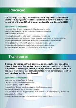 Educação 
O Brasil ocupa o 53º lugar em educação, entre 65 países avaliados (PISA). 
Mesmo com o programa social que incentivou a matrícula de 98% de crian-ças 
entre 6 e 12 anos, 731 mil crianças ainda estão fora da escola (IBGE). 
Abaixo Nossas Propostas: 
- Construir dez mil novas escolas de nível fundamental e médio 
- Construção de dez mil creches e pré-escolas em tempo integral 
- Fortalecimento do ProUni 
- Construção de quadras cobertas em todas as escolas públicas 
- Criação de novas universidades com vaga garantida para alunos de escolas públicas 
- Construção de escolas técnicas em municípios com mais de 50 mil habitantes 
- Instalação de internet banda larga em todas as escolas públicas 
- Instalação de laboratórios top de linha em todas as escolas públicas 
- Criação de teatros e espaço musical em todas as escolas públicas 
Transporte 
O transporte público no Brasil estrutura-se, principalmente, pela utiliza-ção 
de ônibus, além de metrôs e trens, em algumas cidades ou regiões. De 
acordo com a Constituição Federal, o serviço deve ser administrado e man-tido 
pelos municípios, mas os investimentos devem ser realizados também 
pelos estados e pelo Governo Federal. 
Abaixo Nossas Propostas: 
- Aumentar em 50% as frotas de ônibus 
- Trocar todos os ônibus velhos por novos 
- Passe estudantil para todo o Brasil 
- Escola técnica de bom atendimento para motoristas e cobradores 
- Criação de VLT’s em todo o território brasileiro 
- Recuperar 50% das vias desgastadas até 2016- Instalação de laboratórios top de linha em 
todas as escolas públicas 
- Criação de teatros e espaço musical em todas as escolas públicas 
 