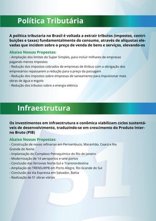 Política Tributária 
A política tributaria no Brasil é voltada a extrair tributos (impostos, contri-buições 
e taxas) fundamentalmente do consumo, através de alíquotas ele-vadas 
que incidem sobre o preço de venda de bens e serviços, elevando-os 
Abaixo Nossas Propostas: 
- Ampliação dos limites do Super Simples, para incluir milhares de empresas 
pagando menos impostos 
- Redução dos impostos cobrados de empresas de ônibus com a obrigação dos 
empresários repassarem a redução para o preço da passagem 
- Redução dos impostos sobre empresas de saneamento para impulsionar mais 
obras de água e esgoto 
- Redução dos tributos sobre a energia elétrica 
Infraestrutura 
Os investimentos em infraestrutura e conômica viabilizam ciclos sustentá-veis 
de desenvolvimento, traduzindo-se em crescimento do Produto Inter-no 
Bruto (PIB) 
Abaixo Nossas Propostas: 
- Construção de novas refi narias em Pernambuco, Maranhão, Ceará e Rio 
Grande do Norte 
- Implantação do Complexo Petroquímico do Rio de Janeiro 
- Modernização de 14 aeroportos e sete portos 
- Conclusão das ferrovias Norte-Sul e Transnordestina 
- Ampliação do TRENSURPB em Porto Alegre, Rio Grande do Sul 
- Conclusão da Via Expressa em Salvador, Bahia 
- Realização de 51 obras viárias 
 