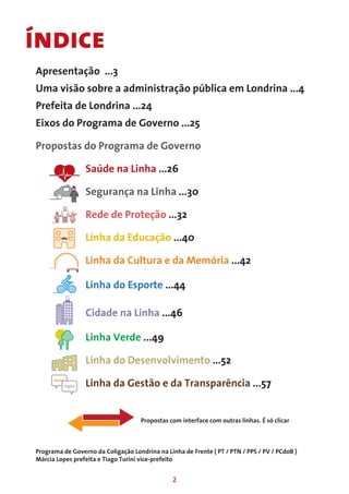 índice
Apresentação ...3
Uma visão sobre a administração pública em Londrina ...4
Prefeita de Londrina ...24
Eixos do Programa de Governo ...25

Propostas do Programa de Governo

                 Saúde na Linha ...26

                 Segurança na Linha ...30

                 Rede de Proteção ...32

                 Linha da Educação ...40

                 Linha da Cultura e da Memória ...42

                 Linha do Esporte ...44

                 Cidade na Linha ...46

                 Linha Verde ...49

                 Linha do Desenvolvimento ...52

                 Linha da Gestão e da Transparência ...57


                                     Propostas com interface com outras linhas. É só clicar



Programa de Governo da Coligação Londrina na Linha de Frente ( PT / PTN / PPS / PV / PCdoB )
Márcia Lopes prefeita e Tiago Turini vice-prefeito


                                                2
 