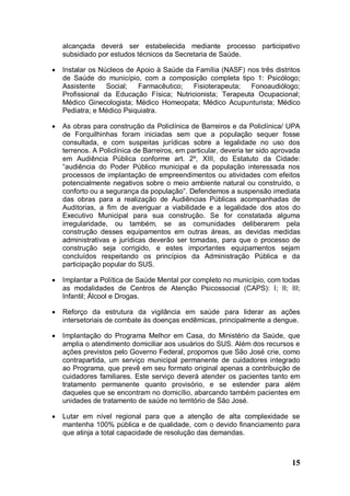 alcançada deverá ser estabelecida mediante processo participativo
    subsidiado por estudos técnicos da Secretaria de Saúde.

   Instalar os Núcleos de Apoio à Saúde da Família (NASF) nos três distritos
    de Saúde do município, com a composição completa tipo 1: Psicólogo;
    Assistente    Social;  Farmacêutico;   Fisioterapeuta;  Fonoaudiólogo;
    Profissional da Educação Física; Nutricionista; Terapeuta Ocupacional;
    Médico Ginecologista; Médico Homeopata; Médico Acupunturista; Médico
    Pediatra; e Médico Psiquiatra.

   As obras para construção da Policlínica de Barreiros e da Policlínica/ UPA
    de Forquilhinhas foram iniciadas sem que a população sequer fosse
    consultada, e com suspeitas jurídicas sobre a legalidade no uso dos
    terrenos. A Policlínica de Barreiros, em particular, deveria ter sido aprovada
    em Audiência Pública conforme art. 2º, XIII, do Estatuto da Cidade:
    “audiência do Poder Público municipal e da população interessada nos
    processos de implantação de empreendimentos ou atividades com efeitos
    potencialmente negativos sobre o meio ambiente natural ou construído, o
    conforto ou a segurança da população”. Defendemos a suspensão imediata
    das obras para a realização de Audiências Públicas acompanhadas de
    Auditorias, a fim de averiguar a viabilidade e a legalidade dos atos do
    Executivo Municipal para sua construção. Se for constatada alguma
    irregularidade, ou também, se as comunidades deliberarem pela
    construção desses equipamentos em outras áreas, as devidas medidas
    administrativas e jurídicas deverão ser tomadas, para que o processo de
    construção seja corrigido, e estes importantes equipamentos sejam
    concluídos respeitando os princípios da Administração Pública e da
    participação popular do SUS.

   Implantar a Política de Saúde Mental por completo no município, com todas
    as modalidades de Centros de Atenção Psicossocial (CAPS): I; II; III;
    Infantil; Álcool e Drogas.

   Reforço da estrutura da vigilância em saúde para liderar as ações
    intersetoriais de combate às doenças endêmicas, principalmente a dengue.

   Implantação do Programa Melhor em Casa, do Ministério da Saúde, que
    amplia o atendimento domiciliar aos usuários do SUS. Além dos recursos e
    ações previstos pelo Governo Federal, propomos que São José crie, como
    contrapartida, um serviço municipal permanente de cuidadores integrado
    ao Programa, que prevê em seu formato original apenas a contribuição de
    cuidadores familiares. Este serviço deverá atender os pacientes tanto em
    tratamento permanente quanto provisório, e se estender para além
    daqueles que se encontram no domicílio, abarcando também pacientes em
    unidades de tratamento de saúde no território de São José.

   Lutar em nível regional para que a atenção de alta complexidade se
    mantenha 100% pública e de qualidade, com o devido financiamento para
    que atinja a total capacidade de resolução das demandas.



                                                                               15
 