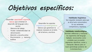 Objetivos específicos:
Desarrollar capacidades cognitivas
básicas que cimientan el
desarrollo del lenguaje oral y
escrito:
 Memoria de trabajo
 Fluidez verbal/velocidad de
denomnación.
 Atención y escucha activa
 Discriminación y memoria
auditiva
Desarrollar los soportes
lingüísticos y metalingüísticos
básicos que garanticen la
madurez necesaria en el éxito
de la lectura y escritura.
Habilidades lingüísticas:
Son requisito necesario para que
se dé el acto comunicativo.
En sus vertientes
comprensiva y expresiva
Habilidades metafonológicas
Permiten reflexionar y manipular
los segmentos del lenguaje
hablado, reconocerlos como
unidades que se pueden
segmentar, identificar, contar y
manipular. Básicas para un
buen aprendizaje posterior de
la lectoescritura.
 
