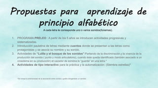 Propuestas para aprendizaje de
principio alfabético
A cada letra le corresponde uno o varios sonidos(fonemas).
1. PROGRAMA PRELEO : A partir de los 5 años se introducen actividades progresivas y
sistematizadas.
2. Introducción paulatina de letras mediante cuentos donde se presentan a las letras como
protagonistas y se asocia su nombre y su sonido.
3. Actividades de “Lulila y el bosque de los sonidos”:Partiendo de la discriminación,y la vivencia de la
producción del sonido ( punto y modo articulatorio), cuando éste queda identificado (también asociado a un
cinestema en su producción) el cazador de sonidos lo “guarda” en una letra.*
4. Actividades de tipo interactivo para la práctica y la automatización: (Siembra estrellas)*
*Se rompe la arbitrariedad de la asociación entre sonido y grafía otorgándole un sentido.
 