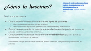 ¿Cómo lo hacemos?
Tendremos en cuenta:
● Que el léxico se compone de distintos tipos de palabras :
○ Léxico autónomo(sustantivos, verbos, adjetivos)
○ Léxico funcional (conjunciones, preposiciones, determinantes y adverbios conj.)
● Que podemos establecer relaciones semánticas entre palabras: (familias de
palabras, polisémicas, antónimos, sinónimos…)
● Que podemos establecer relaciones morfosintácticas (aspectos derivativos,
conjugaciones, composición de palabras…)
Fundamental trabajar: asociación de conceptos, análisis de rasgos, categorización y clasificación de
palabras.
Debemos de incidir mediante enseñanza
explícita, siendo cuidadosos en la
selección y planificar su
temporalización. Tomado de Isabel Beck
(2002)
 