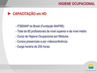 HIGIENE OCUPACIONAL
► CAPACITAÇÃO em HO
- ITSEMAP do Brasil (Fundação MAFRE)
- Total de 80 profissionais de nível superior e de nível médio
- Curso de Higiene Ocupacional por Módulos
- Cursos presenciais e por vídeoconferência
- Carga horária de 255 horas
 
