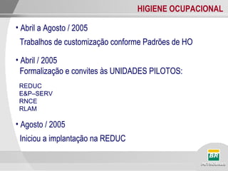 HIGIENE OCUPACIONAL
• Abril a Agosto / 2005
Trabalhos de customização conforme Padrões de HO
• Abril / 2005
Formalização e convites às UNIDADES PILOTOS:
REDUC
E&P–SERV
RNCE
RLAM
• Agosto / 2005
Iniciou a implantação na REDUC
 