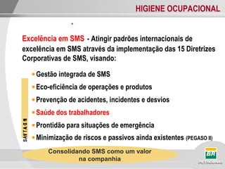 HIGIENE OCUPACIONAL
.
Excelência em SMS - Atingir padrões internacionais de
excelência em SMS através da implementação das 15 Diretrizes
Corporativas de SMS, visando:
•Gestão integrada de SMS
•Eco-eficiência de operações e produtos
•Prevenção de acidentes, incidentes e desvios
•Saúde dos trabalhadores
•Prontidão para situações de emergência
•Minimização de riscos e passivos ainda existentes (PEGASO II)
INICIATIVAS
Consolidando SMS como um valor
na companhia
 