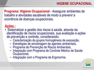 HIGIENE OCUPACIONAL
Ações :
• Sistematizar a gestão dos riscos à saúde, através da
identificação de riscos ocupacionais, sua avaliação e ações
de prevenção e controle, considerando:
– Caracterização de grupos homogêneos de exposição,
– Estratégias de amostragem de agentes ambientais,
– Programa de Prevenção de Riscos Ambientais,
– Integração com Programa de Controle Médico de Saúde
Ocupacional,
– Integração com o Programa de Ergonomia.
Programa: Higiene Ocupacional - Assegurar ambientes de
trabalho e atividades saudáveis de modo a prevenir a
ocorrência de doenças ocupacionais.
 