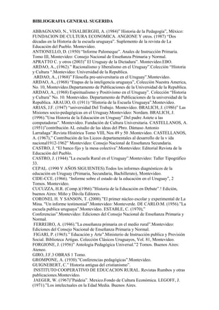 BIBLIOGRAFIA GENERAL SUGERIDA
ABBAGNANO, N., VISALBERGHI, A. (1984)” Historia de la Pedagogía”, México:
FUNDACION DE CULTURA ECONOMICA. ANGIONE Y otros. (1987) “Dos
décadas en la Historia de la escuela uruguaya”. Suplemento de la revista de La
Educación del Pueblo. Montevideo.
ANTIONELLO, D. (1950) “Informe Palomeque”. Anales de Instrucción Primaria.
Tomo III, Montevideo: Consejo Nacional de Enseñanza Primaria y Normal.
APRATTO C. y otros (2003)” El Uruguay de la Dictadura”. Montevideo.EBO.
ARDAO, A., (1962).” Racionalismo y liberalismo en el Uruguay”.Colección “Historia
y Cultura “.Montevideo: Universidad de la Republica.
ARDAO, A., (1968)” Filosofía pre-universitaria en el Uruguay”.Montevideo.
ARDAO, A., (1968) “Etapas de la inteligencia uruguaya”, Colección Nuestra America,
No. 10, Montevideo.Departamento de Publicaciones de la Universidad de la Republica.
ARDAO, A., (1968) Espiritualismo y Positivismo en el Uruguay”. Colección “Historia
y Cultura” No. 10. Montevideo. Departamento de Publicaciones de la universidad de la
Republica. ARAUJO, O. (1911) “Historia de la Escuela Uruguaya”.Montevideo.
ARIAS, J.F. (1947) “universidad Del Trabajo. Montevideo. BRALICH, J. (1986)” Las
Misiones socio-pedagógicas en el Uruguay.Montevideo: Nordam. BRALICH, J.
(1996).”Una Historia de la Educación en Uruguay”.Del padre Astete a las
computadoras”. Montevideo. Fundación de Cultura Universitaria. CASTELLANOS, A.
(1951)”contribución AL estudio de las ideas del Pbro. Dámaso Antonio
Larrañaga”.Revista Histórica Tomo VIII, Nos 49 y 50 .Montevideo. CASTELLANOS,
A. (1967),” Contribución de los Liceos departamentales al desarrollo de la v ida
nacional1912-1962” Montevideo: Consejo Nacional de Enseñanza Secundaria.
CASTRO, J. “El banco fijo y la mesa colectiva”.Montevideo: Editorial Revista de la
Educación del Pueblo.
CASTRO, J. (1944).”La escuela Rural en el Uruguay”.Montevideo: Taller Tipográfico
33.
CEPAL. (1990 Y AÑOS SIGUIENTES).Todos los informes diagnósticos de la
educación en Uruguay (Primaria, Secundaria, Bachillerato), Montevideo.
CIDE-CCE. (1966). “Informe sobre el estado de la educación en el Uruguay”, 2
Tomos. Montevideo.
CUCUZZA, H.R. (Comp.)(1966).”Historia de la Educación en Debate”.! Edición,
buenos Aires: Miño y Dávila Editores.
CORONEL H. Y SANSON, T. (2000).”El primer núcleo escolar y experimental de La
Mina. "Un informe testimonial”.Montevideo: Monteverde. DE CARLO.M. (1956).”La
escuela publica uruguaya”.Montevideo. ESTABLE, C. (1970),”
Conferencias”.Montevideo: Ediciones del Consejo Nacional de Enseñanza Primaria y
Normal.
FERREIRO, A. (1946).”La enseñanza primaria en el medio rural”.Montevideo:
Ediciones del Consejo Nacional de Enseñanza Primaria y Normal.
FIGARI, P. (1965).” Educación y Arte”.Ministerio de Instrucción publica y Previsión
Social. Biblioteca Artigas. Colección Clásicos Uruguayos, Vol. 81, Montevideo.
FORGIONE, J. (1956)” Antología Pedagógica Universal.”2 Tomos. Buenos Aires:
Ateneo.
GIRO, J.F.3 OBRAS 1 Tomo.
GROMPONE, A. (1930).”Conferencias pedagógicas”.Montevideo.
GUIGNEBERT, C.” Historia antigua del cristianismo”.
INSTITUTO COOPERATIVO DE EDUCACION RURAL. Revistas Rumbos y otras
publicaciones.Montevideo.
JAEGER, W. (1967)”Paideia”. Mexico.Fondo de Cultura Económica. LEGOFF, J.
(1971).”Los intelectuales en la Edad Media. Buenos Aires.
 