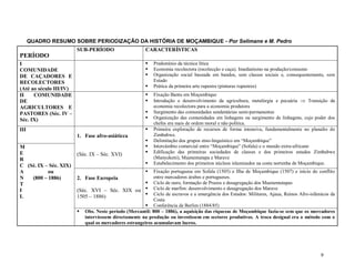 9
QUADRO RESUMO SOBRE PERIODIZAÇÃO DA HISTÓRIA DE MOÇAMBIQUE - Por Selimane e M. Pedro
PERÍODO
SUB-PERÍODO CARACTERÍSTICAS
I
COMUNIDADE
DE CAÇADORES E
RECOLECTORES
(Até ao século III/IV)
 Predomínio da técnica lítica
 Economia recolectora (recolecção e caça). Imediatismo na produção/consumo
 Organização social baseada em bandos, sem classes sociais e, consequentemente, sem
Estado
 Prática da primeira arte rupestre (pinturas rupestres)
II COMUNIDADE
DE
AGRICULTORES E
PASTORES (Séc. IV –
Séc. IX)
 Fixação Bantu em Moçambique
 Introdução e desenvolvimento da agricultura, metalúrgia e pecuária  Transição da
economia recolectora para a economia produtora
 Surgimento das comunidades sendentárias semi-permanentes
 Organização das comunidades em linhagens ou surgimento de linhagens, cujo poder dos
chefes era mais de ordem moral e não política.
III
1. Fase afro-asiáticca
(Séc. IX – Séc. XVI)
 Primeira exploração de recursos de forma intensiva, fundamentalmente no planalto do
Zimbabwe.
 Delimitação dos grupos etno-linguístico em “Moçambique”
 Intercâmbio comercial entre “Moçambique” (Sofala) e o mundo extra-africano
 Edificação das primeiras sociedades de classes e dos primeiros estados Zimbabwe
(Manyekeni), Muenemutapa e Marave
 Estabelecimento dos primeiros núcleos islamizados na costa nortenha de Moçambique.
M
E
R
C (Sé. IX – Séc. XIX)
A ou
N (800 – 1886)
T
I
L
2. Fase Europeia
(Séc. XVI – Séc. XIX ou
1505 – 1886)
 Fixação portuguesa em Sofala (1505) e Ilha de Moçambique (1507) e início do conflito
entre mercadores árabes e portugueses.
 Ciclo de ouro, formação de Prazos e desagregação dos Muenemutapas
 Ciclo de marfim: desenvolvimento e desagregação dos Marave
 Ciclo de escravos e a emergência dos Estados: Militares, Ajaua, Reinos Afro-islâmicos da
Costa
 Conferência de Berlim (1884/85)
 Obs. Neste período (Mercantil: 800 – 1886), a aquisição das riquezas de Moçambique fazia-se sem que os mercadores
interviessem directamente na produção ou investissem em sectores produtivos. A troca desigual era o método com o
qual os mercadores estrangeiros acumulavam lucros.
 