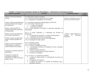 21
Unidade 4: O período da dominação colonial em Moçambique e o Movimento de Libertação nacional
Objectivos específicos Conteúdo Competências básicas Carga
Horária
Explicar as teorias da resistência
africana.
Explicar o papel desempenhado pela
economia de tráfico até se chegar à
fase imperialista;
Explicar o papel específico de
Portugal na penetração imperialista
em Moçambique;
Explicar o processo de delimitação
das fronteiras moçambicanas
Analisar a natureza do duplo poder
Estado Colonial/Companhias até
1930;
Explicar as formas de dependência
de Moçambique em relação ao
capital estrangeiro não português
Caracterizar a economia colonial em
Moçambique;
Caracterizar a actuação do
colonialismo português em
Moçambique, no âmbito económico,
político e social
4.1 Colonização e teorias de resistência
4.1.1. Teorias de resistência segundo Terence O. Ranger
4.1.2. A importância e consequências das resistências
4.2. O colonialismo português em Moçambique, de 1890-1930
4.2.1 A II Corrida à África (revisão)
 - as viagens de exploração
 -a Conferência de Berlim
4.2.2. O papel específico de Portugal na penetração imperialista em
Moçambique
4.2.2.1. A corrida imperialista e a delimitação das fronteiras de
Moçambique
 As campanhas de pacificação e a ocupação de Moçambique
 A delimitação das fronteiras moçambicanas
4.2.2.2. as resistências no norte, centro e sul de Moçambique
4.2.2.3. a montagem do Estado colonial
4.2.3. A Economia colonial
4.2.3.1. Características gerais
4.2.3.2. O Norte e a Companhia do Niassa
 A periodização da história da Companhia do Niassa e principais
acontecimentos;
 O papel dos grupos financeiros;
 As formas de exploração deses grupos financeiros
 O declínio da Companhia
4.2.3.3. Os prazos e a Companhia da Zambézia
 A acção do estado colonial e a transformação dos prazos em
plantações
 O surgimento da Companhia.
 O impacto do mussoco e do trabalho nas plantações, para a
população camponesa
Analisa o colonialismo como um
mal contra os direitos humanos
- Analisa o papel específico de
Portugal na penetração
imperialista
 