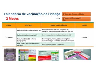 Calendário de vacinação da Criança
2 Meses
1ª dose: até 3 meses e 15 dias
-2ª dose: até 7 meses e 29
dias
OBS: Vacina
Rota Vírus
 