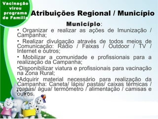 Atribuições Regional / Município  Município : Organizar e realizar as ações de Imunização / Campanha; Realizar divulgação através de todos meios de Comunicação: Rádio / Faixas / Outdoor / TV / Internet e outros; Mobilizar a comunidade e profissionais para a realização da Campanha; Disponibilizar viatura e profissionais para vacinação na Zona Rural; Adquirir material necessário para realização da Campanha: Caneta/ lápis/ pastas/ caixas térmicas / mapas/ água/ termômetro / alimentação / camisas e outros. Vacinação virou programa de Família 