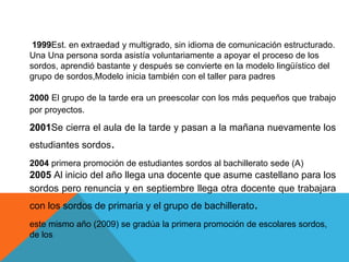 1999Est. en extraedad y multigrado, sin idioma de comunicación estructurado.
Una Una persona sorda asistía voluntariamente a apoyar el proceso de los
sordos, aprendió bastante y después se convierte en la modelo lingüístico del
grupo de sordos,Modelo inicia también con el taller para padres
2000 El grupo de la tarde era un preescolar con los más pequeños que trabajo
por proyectos.
2001Se cierra el aula de la tarde y pasan a la mañana nuevamente los
estudiantes sordos.
2004 primera promoción de estudiantes sordos al bachillerato sede (A)
2005 Al inicio del año llega una docente que asume castellano para los
sordos pero renuncia y en septiembre llega otra docente que trabajara
con los sordos de primaria y el grupo de bachillerato.
este mismo año (2009) se gradúa la primera promoción de escolares sordos,
de los
 