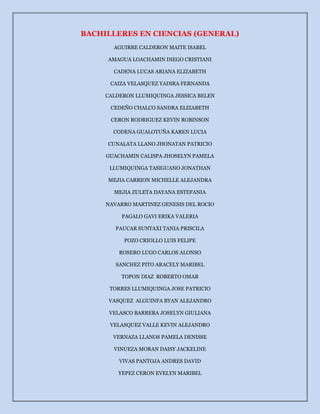 BACHILLERES EN CIENCIAS (GENERAL)
AGUIRRE CALDERON MAITE ISABEL
AMAGUA LOACHAMIN DIEGO CRISTIANI
CADENA LUCAS ARIANA ELIZABETH
CAIZA VELASQUEZ YADIRA FERNANDA
CALDERON LLUMIQUINGA JESSICA BELEN
CEDEÑO CHALCO SANDRA ELIZABETH
CERON RODRIGUEZ KEVIN ROBINSON
CODENA GUALOTUÑA KAREN LUCIA
CUNALATA LLANO JHONATAN PATRICIO
GUACHAMIN CALISPA JHOSELYN PAMELA
LLUMIQUINGA TASIGUANO JONATHAN
MEJIA CARRION MICHELLE ALEJANDRA
MEJIA ZULETA DAYANA ESTEFANIA
NAVARRO MARTINEZ GENESIS DEL ROCIO
PAGALO GAVI ERIKA VALERIA
PAUCAR SUNTAXI TANIA PRISCILA
POZO CRIOLLO LUIS FELIPE
ROSERO LUGO CARLOS ALONSO
SANCHEZ PITO ARACELY MARIBEL
TOPON DIAZ ROBERTO OMAR
TORRES LLUMIQUINGA JOSE PATRICIO
VASQUEZ ALGUINFA BYAN ALEJANDRO
VELASCO BARRERA JOSELYN GIULIANA
VELASQUEZ VALLE KEVIN ALEJANDRO
VERNAZA LLANOS PAMELA DENISSE
VINUEZA MORAN DAISY JACKELINE
VIVAS PANTOJA ANDRES DAVID
YEPEZ CERON EVELYN MARIBEL
 