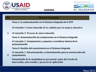 Mayo 2012
Día Temas y Contenidos
1
Tema 1: La autoevaluación en el Sistema Integrado de la EITP
•Contenido 1:Autoevaluación de la calidad para la mejora educativa
•Contenido 2: Proceso de autoevaluación
Tema 2: Autoevaluación de componentes en el Sistema Integrado
•Contenido 1: Componentes y aspectos a considerar dentro de la
autoevaluación
2
Tema 3: Gestión del conocimiento en el Sistema Integrado
•Contenido 1: Documentación y sistematización para la construcción del
conocimiento
Presentación de la modalidad no presencial: guías del círculo de
innovación, auto-estudio y proyecto de aplicación
AGENDA
 