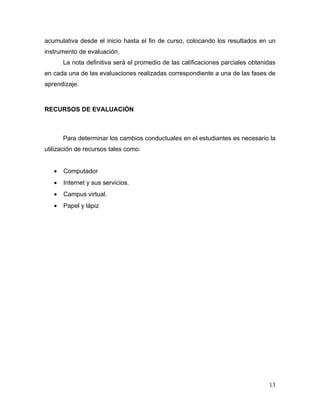 acumulativa desde el inicio hasta el fin de curso, colocando los resultados en un
instrumento de evaluación.
       La nota definitiva será el promedio de las calificaciones parciales obtenidas
en cada una de las evaluaciones realizadas correspondiente a una de las fases de
aprendizaje.



RECURSOS DE EVALUACIÓN



       Para determinar los cambios conductuales en el estudiantes es necesario la
utilización de recursos tales como:


   •   Computador
   •   Internet y sus servicios.
   •   Campus virtual.
   •   Papel y lápiz




                                                                                 13
 