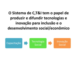 O Sistema de C,T&I tem o papel de produzir e difundirtecnologias e inovaçãoparainclusão e o desenvolvimento social/econômico