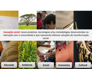 Inovação social: novos produtos, tecnologias e/ou metodologias desenvolvidas na interação com a comunidade e que represente efetivas soluções de transformação social.EducaçãoAmbienteSocialEconomicaCultural