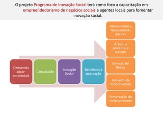 O projeto Programade Inovação Social terá como foco a capacitação em empreendedorismo de negócios sociais a agentes locais para fomentar inovação social. Geração de RendaAcesso a produtos e serviçosAtendimento a Necessidades BásicasPreservação do meio-ambiente