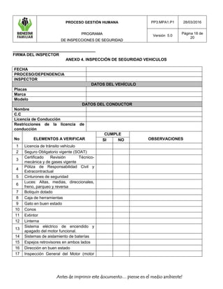 PROCESO GESTIÓN HUMANA
PPRROOGGRRAAMMAA
DDEE IINNSSPPEECCCCIIOONNEESS DDEE SSEEGGUURRIIDDAADD
PP3.MPA1.P1 28/03/2016
Versión 5.0
Página 18 de
20
Antes de imprimir este documento… piense en el medio ambiente!
_____________________________________
FIRMA DEL INSPECTOR
ANEXO 4. INSPECCIÓN DE SEGURIDAD VEHICULOS
FECHA
PROCESO/DEPENDENCIA
INSPECTOR
DATOS DEL VEHÍCULO
Placas
Marca
Modelo
DATOS DEL CONDUCTOR
Nombre
C.C
Licencia de Conducción
Restricciones de la licencia de
conducción
No ELEMENTOS A VERIFICAR
CUMPLE
OBSERVACIONESSI NO
1 Licencia de tránsito vehículo
2 Seguro Obligatorio vigente (SOAT)
3
Certificado Revisión Técnico-
mecánica y de gases vigente
4
Póliza de Responsabilidad Civil y
Extracontractual
5 Cinturones de seguridad
6
Luces: Altas, medias, direccionales,
freno, parqueo y reversa
7 Botiquín dotado
8 Caja de herramientas
9 Gato en buen estado
10 Conos
11 Extintor
12 Linterna
13
Sistema eléctrico de encendido y
apagado del motor funcional.
14 Sistemas de aislamiento de baterías
15 Espejos retrovisores en ambos lados
16 Dirección en buen estado
17 Inspección General del Motor (motor
 