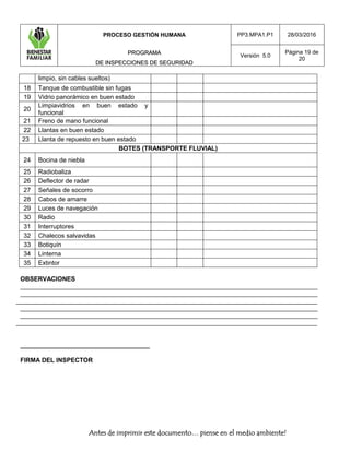PROCESO GESTIÓN HUMANA
PPRROOGGRRAAMMAA
DDEE IINNSSPPEECCCCIIOONNEESS DDEE SSEEGGUURRIIDDAADD
PP3.MPA1.P1 28/03/2016
Versión 5.0
Página 19 de
20
Antes de imprimir este documento… piense en el medio ambiente!
limpio, sin cables sueltos)
18 Tanque de combustible sin fugas
19 Vidrio panorámico en buen estado
20
Limpiavidrios en buen estado y
funcional
21 Freno de mano funcional
22 Llantas en buen estado
23 Llanta de repuesto en buen estado
BOTES (TRANSPORTE FLUVIAL)
24 Bocina de niebla
25 Radiobaliza
26 Deflector de radar
27 Señales de socorro
28 Cabos de amarre
29 Luces de navegación
30 Radio
31 Interruptores
32 Chalecos salvavidas
33 Botiquín
34 Linterna
35 Extintor
OBSERVACIONES
_____________________________________________________________________________________
_____________________________________________________________________________________
______________________________________________________________________________________
_____________________________________________________________________________________
_____________________________________________________________________________________
______________________________________________________________________________________
_____________________________________
FIRMA DEL INSPECTOR
 