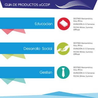 GUIA DE PRODUCTOS oGCDP


                             DESTINO: Iberoamérica,
                             Asia, África.
               Educación     DURACIÓN: 6-12 Semanas
                             FECHA: Winter, Summer,
                             OffPeak




                             DESTINO: Iberoamérica,
                             Asia, África.
         Desarrollo Social   DURACIÓN: 6-12 Semanas
                             FECHA: Winter, Summer,
                             OffPeak




                             DESTINO: Iberoamérica,
                             Asia, África.
                  Gestión    DURACIÓN: 6-12 Semanas
                             FECHA: Winter, Summer.
 