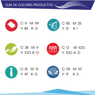 GUIA DE COLORES PRODUCTOS




        C: 9    M: 99            C: 85   M: 25
        Y: 86   K: 0        x2   Y: 31   K: 1




        C: 38   M: 9             C: 0    M: 100
        Y: 100 K: 0              Y: 100 K: 0




        C: 81   M: 13            C: 93   M: 67
        Y: 47   K: 0             Y: 17   K: 3
 