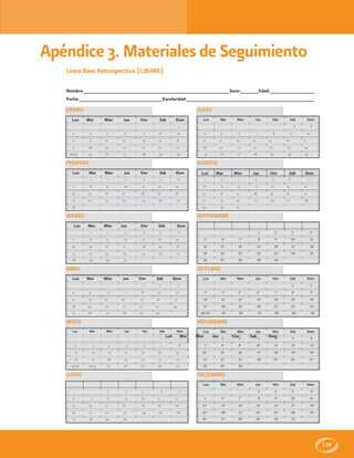 139
Apéndice 3. Materiales de Seguimiento
ENERO
Lun Mar Mier Jue Vier Sab Dom
00 00 00 00 00 1 2
3 4 5 6 7 8 9
10 11 12 13 14 15 16
17 18 19 20 21 22 23
24/31 25 26 27 28 29 30
FEBRERO
Lun Mar Mier Jue Vier Sab Dom
00 1 2 3 4 5 6
7 8 9 10 11 12 13
14 15 16 17 18 19 20
21 22 23 24 25 26 27
28 00 00 00 00 00 00
MARZO
Lun Mar Mier Jue Vier Sab Dom
00 1 2 3 4 5 6
7 8 9 10 11 12 13
14 15 16 17 18 19 20
21 22 23 24 25 26 27
28 29 30 31 00 00 00
ABRIL
Lun Mar Mier Jue Vier Sab Dom
00 00 00 00 1 2 3
4 5 6 7 8 9 10
11 12 13 14 15 16 17
18 19 20 21 22 23 24
25 26 27 28 29 30
MAYO
Lun Mar Mier Jue Vier Sab Dom
00 00 00 00 00 00 1
2 3 4 5 6 7 8
9 10 11 12 13 14 15
16 17 18 19 20 21 22
23/30 24/31 25 26 27 28 29
JUNIO
00 00 1 2 3 4 5
6 7 8 9 10 11 12
13 14 15 16 17 18 19
20 21 22 23 24 25 26
27 28 29 30
JULIO
Lun Mar Mier Jue Vier Sab Dom
00 00 00 00 1 2
4 5 6 7 8 9 10
11 12 13 14 15 16 17
18 19 20 21 22 23 24
25 26 27 28 29 30 31
AGOSTO
1 2 3 4 5 6 7
8 9 10 11 12 13 14
15 16 17 18 19 20 21
22 23 24 25 26 27 28
29 30 31
SEPTIEMBRE
00 00 00 1 2 3 4
5 6 7 8 9 10 11
12 13 14 15 16 17 18
19 20 21 22 23 24 25
26 27 28 29 30
OCTUBRE
Lun Mar Mier Jue Vier Sab Dom
00 00 00 00 00 1 2
3 4 5 6 7 8 9
10 11 12 13 14 15 16
17 18 19 20 21 22 23
24/31 25 26 27 28 29 30
NOVIEMBRE
Lun Mar Mier Jue Vier Sab Dom
00 1 2 3 4 5 6
7 8 9 10 11 12 13
14 15 16 17 18 19 20
21 22 23 24 25 26 27
28 29 30
DICIEMBRE
Lun Mar Mier Jue Vier Sab Dom
00 00 00 1 2 3 4
5 6 7 8 9 10 11
12 13 14 15 16 17 18
19 20 21 22 23 24 25
26 27 28 29 30 31
Nombre:________________________________________________________Sexo:_______Edad:_________________
Fecha:________________________________Escolaridad:_________________________________________________
Línea Base Retrospectiva (LIBARE)
Lun Mar Mier Jue Vier Sab Dom
Lun Mar Mier Jue Vier Sab Dom
 