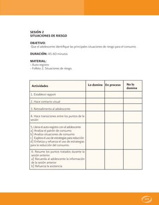 173
SESIÓN 2
SITUACIONES DE RIESGO
OBJETIVO:
Que el adolescente identifique las principales situaciones de riesgo para el consumo.
DURACIÓN: 45-60 minutos
MATERIAL:
- Auto-registro
- Folleto 2. Situaciones de riesgo.
Lo domina En proceso No lo
domina
Actividades
1. Establece rapport
2. Hace contacto visual
3. Retroalimenta al adolescente
4. Hace transiciones entre los puntos de la
sesión
5. Llena el auto-registro con el adolescente
a) Analiza el patrón de consumo
b) Analiza situaciones de consumo
c) Exploraelusodeestrategiasparareducción
d) Enfatiza y refuerza el uso de estrategias
para la reducción del consumo.
6. Resume los puntos tratados durante la
sesión anterior
a) Recuerda al adolescente la información
de la sesión anterior
b) Refuerza la asistencia
 