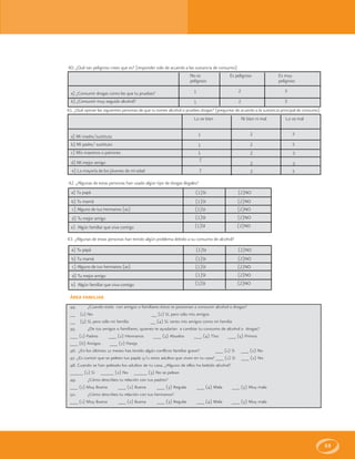 53
40. ¿Qué tan peligroso crees que es? (responder solo de acuerdo a las sustancia de consumo)
a) ¿Consumir drogas como las que tu pruebas?
b) ¿Consumir muy seguido alcohol?
No es
peligroso
Es peligroso Es muy
peligroso
1
1
2
2
3
3
41. ¿Qué opinan las siguientes personas de que tu tomes alcohol o pruebes drogas? (preguntar de acuerdo a la sustancia principal de consumo)
a) Mi madre/sustituta
b) Mi padre/ sustituto
Lo ve bien Ni bien ni mal Lo ve mal
1
1
2
2
3
3
c) Mis maestros o patrones
d) Mi mejor amigo
e) La mayoría de los jóvenes de mi edad
1
1
1 2
2
2
3
3
3
42. ¿Algunas de estas personas han usado algún tipo de drogas ilegales?
a) Tu papá
b) Tu mamá
c) Alguno de tus hermanos (as)
d) Tu mejor amigo
e) Algún familiar que viva contigo
(1)SI (2)NO
(1)SI (2)NO
(1)SI (2)NO
(1)SI (2)NO
(1)SI (2)NO
43. ¿Algunas de estas personas han tenido algún problema debido a su consumo de alcohol?
a) Tu papá
b) Tu mamá
c) Alguno de tus hermanos (as)
d) Tu mejor amigo
e) Algún familiar que viva contigo
(1)SI (2)NO
(1)SI (2)NO
(1)SI (2)NO
(1)SI (2)NO
(1)SI (2)NO
ÁREA FAMILIAR
44. ¿Cuando estás con amigos o familiares éstos te presionan a consumir alcohol o drogas?
__ (1) No __ (2) Sí, pero sólo mis amigos
__ (3) Sí, pero sólo mi familia __ (4) Sí, tanto mis amigos como mi familia
45. ¿De tus amigos o familiares, quienes te ayudarían a cambiar tu consumo de alcohol o drogas?
___ (1) Padres ___ (2) Hermanos ___ (3) Abuelos ___ (4) Tíos ___ (5) Primos
___ (6) Amigos ___ (7) Pareja
46. ¿En los últimos 12 meses has tenido algún conflicto familiar grave? ___ (1) Si ___ (2) No
47. ¿Es común que se peleen tus papás y/u otros adultos que viven en tu casa? ___ (1) Si ___ (2) No
48. Cuando se han peleado los adultos de tu casa, ¿Alguno de ellos ha bebido alcohol?
_____ (1) Si _____ (2) No _____ (3) No se pelean
49. ¿Cómo describes tu relación con tus padres?
___ (1) Muy Buena ___ (2) Buena ___ (3) Regular ___ (4) Mala ___ (5) Muy mala
50. ¿Cómo describes tu relación con tus hermanos?
___ (1) Muy Buena ___ (2) Buena ___ (3) Regular ___ (4) Mala ___ (5) Muy mala
 