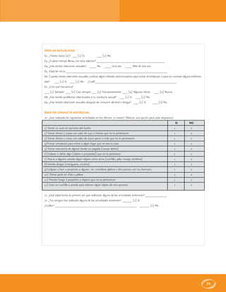 55
ÁREA DE SEXUALIDAD
62. ¿Tienes novio (a)? ___ (1) Si ___ (2) No
63. ¿Cuánto tiempo llevas con esta relación? _________________________________________
64. ¿Has tenido relaciones sexuales? ____ No ____ Una vez ____ Más de una vez
65. Edad de inicio _____________________________________________________________
66. Cuando tienes relaciones sexuales ¿utilizas algún método anticonceptivo para evitar el embarazo o para no contraer alguna enferme-
dad? ___ (1) Si ___ (2) No ¿Cuál?_________________________________________________
67. ¿Con qué frecuencia?
___ (1) Siempre ___ (2) Casi siempre ___ (3) Frecuentemente ___ (4) Algunas Veces ___ (5) Nunca
68. ¿Has tenido problemas relacionados a tu conducta sexual? ___ (1) Si ___ (2) No
69. ¿Has tenido relaciones sexuales después de consumir alcohol o drogas? ___ (1) Si ___ (2) No
ÁREA DE CONDUCTA ANTISOCIAL
70. ¿Has realizado las siguientes actividades en los últimos 12 meses? (Marcar una opción para cada respuesta).
SI NO
1) Tomar un auto sin permiso del dueño 1 2
2)Tomar dinero o cosas con valor de $50 o menos que no te pertenecen 1 2
3) Tomar dinero o cosas con valor de $500 pesos o más que no te pertenecen 1 2
4)Forzar cerraduras para entrar a algún lugar que no sea tu casa 1 2
5)Tomar mercancía de alguna tienda sin pagarla (causar daños) 1 2
6)Golpear o dañar algo (objeto o propiedad) que no te pertenece 1 2
7)Atacar a alguien usando algún objeto como arma (cuchillo, palo, navaja, etcétera) 1 2
8)Vender drogas (mariguana, cocaína) 1 2
9)Golpear o herir a propósito a alguien, sin considerar pleitos o discusiones con tus hermano 1 2
10) Tomar parte en riñas o peleas 1 2
11) Prender fuego a propósito a objetos que no te pertenecen 1 2
12) Usar un cuchillo o pistola para obtener algún objeto de otra persona 1 2
71. ¿Qué edad tenías la primera vez que realizaste alguna de las actividades anteriores? _____________
72. ¿Tus amigos han realizado alguna de las actividades anteriores? ______ (1) Si
¿Cuáles? _________________________________________________ ______ (2) No
 
