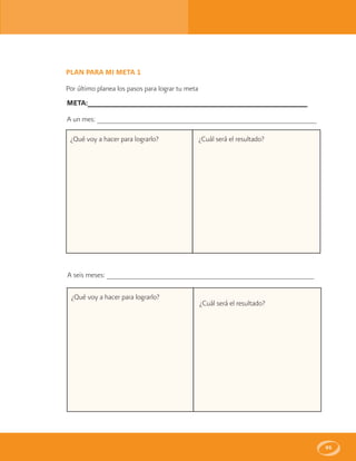 95
PLAN PARA MI META 1
Por último planea los pasos para lograr tu meta
META:______________________________________________________
A un mes: ______________________________________________________
¿Qué voy a hacer para lograrlo? ¿Cuál será el resultado?
A seis meses: ___________________________________________________
¿Qué voy a hacer para lograrlo?
¿Cuál será el resultado?
 