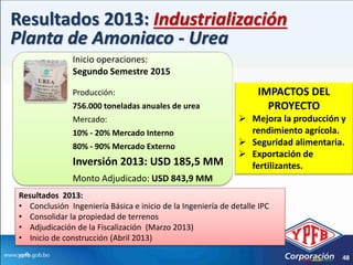 Resultados 2013: Industrialización
Planta de Amoniaco - Urea
                Inicio operaciones:
                Segundo Semestre 2015

                Producción:                                         IMPACTOS DEL
                756.000 toneladas anuales de urea                     PROYECTO
                Mercado:                                        Mejora la producción y
                10% - 20% Mercado Interno                        rendimiento agrícola.
                80% - 90% Mercado Externo                       Seguridad alimentaria.
                                                                Exportación de
                Inversión 2013: USD 185,5 MM                     fertilizantes.
                Monto Adjudicado: USD 843,9 MM
 Resultados 2013:
 • Conclusión Ingeniería Básica e inicio de la Ingeniería de detalle IPC
 • Consolidar la propiedad de terrenos
 • Adjudicación de la Fiscalización (Marzo 2013)
 • Inicio de construcción (Abril 2013)

                                                                                      48
 