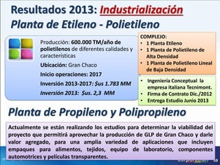 Resultados 2013: Industrialización
Planta de Etileno - Polietileno
                                                     COMPLEJO:
            Producción: 600.000 TM/año de            • 1 Planta Etileno
            polietilenos de diferentes calidades y   • 1 Planta de Polietileno de
            características                            Alta Densidad
            Ubicación: Gran Chaco                    • 1 Planta de Polietileno Lineal
                                                       de Baja Densidad
            Inicio operaciones: 2017
                                                     • Ingeniería Conceptual la
            Inversión 2013-2017: $us 1.783 MM
                                                       empresa italiana Tecnimont.
            Inversión 2013: $us. 2,3 MM              • Firma de Contrato Dic./2012
                                                     • Entrega Estudio Junio 2013

Planta de Propileno y Polipropileno
Actualmente se están realizando los estudios para determinar la viabilidad del
proyecto que permitirá aprovechar la producción de GLP de Gran Chaco y darle
valor agregado, para una amplia variedad de aplicaciones que incluyen
empaques para alimentos, tejidos, equipo de laboratorio, componentes
automotrices y películas transparentes.
                                                                                        49
 