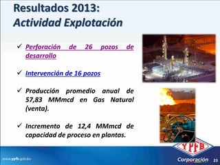 Resultados 2013:
Actividad Explotación
 Perforación   de   26      pozos   de
  desarrollo

 Intervención de 16 pozos

 Producción promedio anual de
  57,83 MMmcd en Gas Natural
  (venta).

 Incremento de 12,4 MMmcd de
  capacidad de proceso en plantas.


                                          23
 