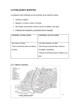 2.2 POBLACIÓNY MUESTRA
La población está constituida por las personas de la ciudad de Huaraz
 Varones y mujeres
 Mayores a 12 años y menor a 35 años
 Que tengan conocimiento sobre lo que es el maltrato y sus tipos
 Criterios de inclusión y exclusión de la muestra
CRITERIOS DE INCLUSIÓN: CRITERIOS DE EXCLUSIÓN:
-Ser mayor a 12 años.
-Tener conocimiento sobre el maltrato y
sus tipos.
-Los niños menores a 12 años.
-Personas que presenten algún síndrome
neurología o psiquiátrico.
-Falta de conocimiento sobre el maltrato y sus
tipos.
2.2.1 Marco muestral
163 936
 