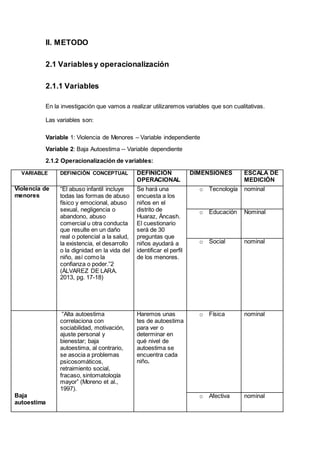 II. METODO
2.1 Variablesy operacionalización
2.1.1 Variables
En la investigación que vamos a realizar utilizaremos variables que son cualitativas.
Las variables son:
Variable 1: Violencia de Menores – Variable independiente
Variable 2: Baja Autoestima -- Variable dependiente
2.1.2 Operacionalización de variables:
VARIABLE DEFINICIÓN CONCEPTUAL DEFINICIÓN
OPERACIONAL
DIMENSIONES ESCALA DE
MEDICIÓN
Violencia de
menores
“El abuso infantil incluye
todas las formas de abuso
físico y emocional, abuso
sexual, negligencia o
abandono, abuso
comercial u otra conducta
que resulte en un daño
real o potencial a la salud,
la existencia, el desarrollo
o la dignidad en la vida del
niño, así como la
confianza o poder.”2
(ÁLVAREZ DE LARA.
2013, pg. 17-18)
Se hará una
encuesta a los
niños en el
distrito de
Huaraz, Áncash.
El cuestionario
será de 30
preguntas que
niños ayudará a
identificar el perfil
de los menores.
o Tecnología nominal
o Educación Nominal
o Social nominal
“Alta autoestima
correlaciona con
sociabilidad, motivación,
ajuste personal y
bienestar; baja
autoestima, al contrario,
se asocia a problemas
psicosomáticos,
retraimiento social,
fracaso, sintomatología
mayor” (Moreno et al.,
1997).
Haremos unas
tes de autoestima
para ver o
determinar en
qué nivel de
autoestima se
encuentra cada
niño.
o Física nominal
Baja
autoestima
o Afectiva nominal
 