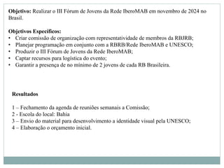 Objetivo: Realizar o III Fórum de Jovens da Rede IberoMAB em novembro de 2024 no
Brasil.
Objetivos Específicos:
• Criar comissão de organização com representatividade de membros da RBJRB;
• Planejar programação em conjunto com a RBRB/Rede IberoMAB e UNESCO;
• Produzir o III Fórum de Jovens da Rede IberoMAB;
• Captar recursos para logística do evento;
• Garantir a presença de no mínimo de 2 jovens de cada RB Brasileira.
Resultados
1 – Fechamento da agenda de reuniões semanais a Comissão;
2 - Escola do local: Bahia
3 – Envio do material para desenvolvimento a identidade visual pela UNESCO;
4 – Elaboração o orçamento inicial.
 