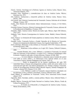 -García, Antonio. Sociología de la Reforma Agraria en América Latina. Buenos Aires,
Amorrortu Editores, 1973.
-Germani, Gino. Populismo y contradicciones de clase en América Latina. México,
Ediciones Era, 1973.
-Gil, Federico. Instituciones y desarrollo político de América Latina. Buenos Aires,
INTAL, 1966.
-Gil Fortoul, José. Historia Constitucional de Venezuela. Caracas, Ediciones de la Librería
Piñango, 3 tomos, 1967.
-Godio, Julio Historia del movimiento obrero latinoamericano. Caracas, el Cid Editor,
1979.
-González Guinan, Francisco. Historia Contemporánea de Venezuela. Caracas, ediciones de
la Presidencia de la República, 15 tomos, 1954.
-González, Pablo. América Latina: Historia de medio siglo. México, Siglo XXI Editores,
2Vol. 1977.
-Halperin, Tulio. Historia Contemporánea de América Latina. Madrid, Alianza Editorial,
1979.
-Ianni, Octavio. La formación del Estado populista en Amèrica Latina, México, Ediciones
Era, 1975.
-Irazabal, Carlos. Venezuela Esclava y Feudal: Episodios de la Historia de Venezuela.
(Ensayos de interpretación dialéctica) Caracas, José Agustín Catalá Editor, 1974.
-Irwin, Domingo. Relaciones civiles-militares en Venezuela 1830-1910. Caracas, ediciones
de Domingo Irwin, 1996.
_____________ Relaciones civiles-militares en el siglo XX. Caracas, Editorial Centauro,
2000.
_______ , Guardia Rolando, Inés y otros. Militares y sociedad en Venezuela: Un manual
sobre las relaciones civiles-militares, el control civil, y referencia metodológica sobre
la historia. Cuando la calle arde y el aula reflexiona. Caracas, UCAB, 2003.
______________ Un texto didáctico, introductorio y elemental, para el estudio del control
civil sobre el sector militar y la Democracia (Con especial énfasis en el caso
venezolano) Caracas, Instituto Pedagógico de Caracas, Upel, s/f.
_______________ Desde la desaparición de las huestes caudillescas del siglo XIX
venezolano hasta el fracaso del protagonismo político visible del sector militar en la
Venezuela del siglo XX: Una síntesis interpretativa. En: Tiempo y Espacio. Venezuela.
Centro de Investigaciones históricas Mario Briceño Iragorry, Instituto Pedagógico de
Caracas, volumen XVI, Número 31-32, 1999.
____________ y otro. Militares y poder en Venezuela: ensayos históricos vinculados con
las relaciones civiles y militares venezolanas. Caracas, Editorial Texto, 2005.
-Izard, Miguel. El caudillismo en Venezuela. Torino, Nova Americana Giulio Einaudi
editore, 1979.
-Jaguaribe, Helio. Sociedad, cambio y sistema político. Buenos Aires, Editorial Paidos, 3
vol. 1972.
-Kaplan, Marcos. Formación del Estado Nacional en América Latina. México, Fondo de
Cultura Económica, 1973.
_____________ El Estado en el Desarrollo y la Integración de América Latina. Caracas,
Monte Ávila Editores, 1970.
11
 