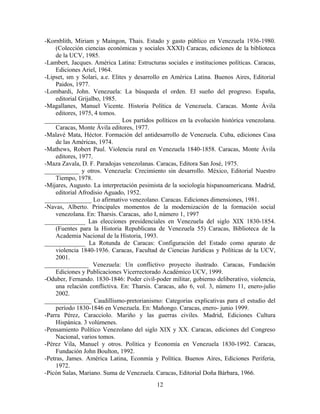 -Kornblith, Miriam y Maingon, Thais. Estado y gasto público en Venezuela 1936-1980.
(Colección ciencias económicas y sociales XXXI) Caracas, ediciones de la biblioteca
de la UCV, 1985.
-Lambert, Jacques. América Latina: Estructuras sociales e instituciones políticas. Caracas,
Ediciones Ariel, 1964.
-Lipset, sm y Solari, a.e. Elites y desarrollo en América Latina. Buenos Aires, Editorial
Paidos, 1977.
-Lombardi, John. Venezuela: La búsqueda el orden. El sueño del progreso. España,
editorial Grijalbo, 1985.
-Magallanes, Manuel Vicente. Historia Política de Venezuela. Caracas. Monte Ávila
editores, 1975, 4 tomos.
________________________ Los partidos políticos en la evolución histórica venezolana.
Caracas, Monte Ávila editores, 1977.
-Malavé Mata, Héctor. Formación del antidesarrollo de Venezuela. Cuba, ediciones Casa
de las Américas, 1974.
-Mathews, Robert Paul. Violencia rural en Venezuela 1840-1858. Caracas, Monte Ávila
editores, 1977.
-Maza Zavala, D. F. Paradojas venezolanas. Caracas, Editora San José, 1975.
___________ y otros. Venezuela: Crecimiento sin desarrollo. México, Editorial Nuestro
Tiempo, 1978.
-Mijares, Augusto. La interpretación pesimista de la sociología hispanoamericana. Madrid,
editorial Afrodisio Aguado, 1952.
_______________ Lo afirmativo venezolano. Caracas. Ediciones dimensiones, 1981.
-Navas, Alberto. Principales momentos de la modernización de la formación social
venezolana. En: Tharsis. Caracas, año I, número 1, 1997
_____________ Las elecciones presidenciales en Venezuela del siglo XIX 1830-1854.
(Fuentes para la Historia Republicana de Venezuela 55) Caracas, Biblioteca de la
Academia Nacional de la Historia, 1993.
_____________ La Rotunda de Caracas: Configuración del Estado como aparato de
violencia 1840-1936. Caracas, Facultad de Ciencias Jurídicas y Políticas de la UCV,
2001.
______________ Venezuela: Un conflictivo proyecto ilustrado. Caracas, Fundación
Ediciones y Publicaciones Vicerrectorado Académico UCV, 1999.
-Oduber, Fernando. 1830-1846: Poder civil-poder militar, gobierno deliberativo, violencia,
una relación conflictiva. En: Tharsis. Caracas, año 6, vol. 3, número 11, enero-julio
2002.
_______________ Caudillismo-pretorianismo: Categorías explicativas para el estudio del
período 1830-1846 en Venezuela. En: Mañongo. Caracas, enero- junio 1999.
-Parra Pérez, Caracciolo. Mariño y las guerras civiles. Madrid, Ediciones Cultura
Hispánica. 3 volúmenes.
-Pensamiento Político Venezolano del siglo XIX y XX. Caracas, ediciones del Congreso
Nacional, varios tomos.
-Pérez Vila, Manuel y otros. Política y Economía en Venezuela 1830-1992. Caracas,
Fundación John Boulton, 1992.
-Petras, James. América Latina, Econmía y Política. Buenos Aires, Ediciones Periferia,
1972.
-Picón Salas, Mariano. Suma de Venezuela. Caracas, Editorial Doña Bárbara, 1966.
12
 